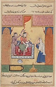 The old procuress conveys the young man’s message of love to Mansur’s wife, from a Tuti-nama (Tales of a Parrot: Seventeenth Night by Sravana (Indian)