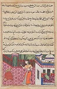 The parrot addresses Khujasta at the beginning of the thirty-third night, from a Tuti-nama (Tales of a Parrot) by Unknown Artist