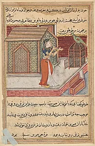 The parrot addresses Khujasta at the beginning of the forty-ninth night, from a Tuti-nama (Tales of a Parrot): Forty-Ninth Night by Unknown Artist
