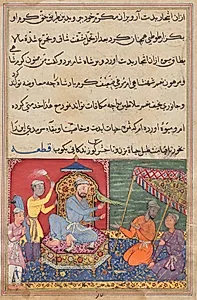 The parrot brings a fruit from the Tree of Life to the king of Syria, from a Tuti-nama (Tales of a Parrot): Ninth Night by Lalu (Indian, active mid-1500s)
