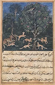 The parrot mother cautions her young on the danger of playing with foxes, from a Tuti-nama (Tales of a Parrot): Fifth Night by Dasavanta (Indian, d. 1584)