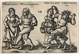 The Peasant Wedding or the Twelve Months:  11-Martinus Wintermon 12-Nicolaus Cristmon by Hans Sebald Beham (German, 1500–1550)
