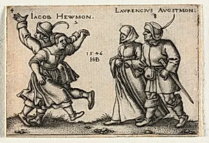 The Peasant Wedding or the Twelve Months:  7 Jacob Hewmon 8-Laurencius Augstmon by Hans Sebald Beham (German, 1500–1550)