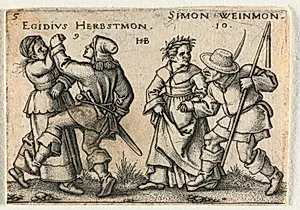 The Peasant Wedding or the Twelve Months:  9-Egidius Herbstmon 10-Simon Weinmon by Hans Sebald Beham (German, 1500–1550)