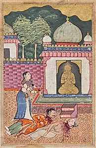 The princess discovers the dead bodies, with heads severed, of her husband and his Brahman friend, from a Tuti-nama (Tales of a Parrot): Thirty-fourth Night by Unknown Artist