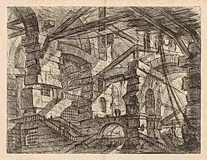 The Prisons:  A Perspective of Colonnades with Zig-Zag Staircase by Giovanni Battista Piranesi (Italian, 1720–1778)