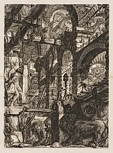 The Prisons:  A Perspective of Roman Arches, with Two Lions Carved in Relief on Stone Slabs in the Foreground by Giovanni Battista Piranesi (Italian, 1720–1778)