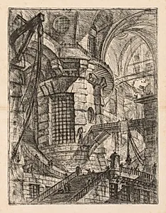 The Prisons:  A Vaulted Building with a Central Column with Barred Window by Giovanni Battista Piranesi (Italian, 1720–1778)