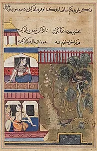 The queen of Rum watches the peahen prefer to burn rather than abandon her eggs while the peacock flees the nest, from a Tuti-nama (Tales of a Parrot): Thirty-ninth Night by Unknown Artist