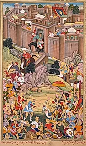 The siege of Arbela in the era of Hulagu Khan, from a Chingiz-nama (Book of Chingiz Khan) of the Jami al-tavarikh (Compendium of Chronicles) of Rashid al-Din (Persian, 1247–1318) by Basavana (Indian, active c. 1560–1600)