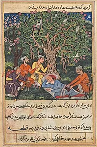 The street cleaner, on his way to meet King Bhojaraja, sleeps under a tree where four thieves disguised as fellow travelers deprive him of a priceless pearl, from a Tuti-nama (Tales of a Parrot): Twelfth Night by Unknown Artist