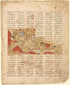 The Tale of the Twelve Faces. "The Warriors Engage in Combat": Illustration from the Firdausi Shahnama (verso) by Unknown Artist