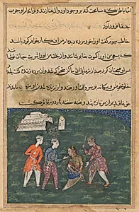 The third suitor strikes the devotee’s daughter and thus restores her to life, from a Tuti-nama (Tales of a Parrot): Twentieth Night by Unknown Artist