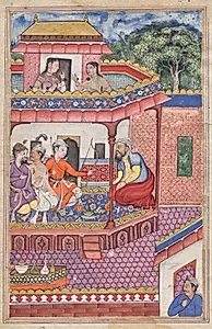 The three young men present themselves as suitors for the hand of Zuhra, the daughter of the merchant of Kabul, from a Tuti-nama (Tales of a Parrot): Thirty-fourth Night by Unknown Artist