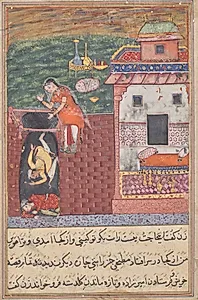 The two cooks, who attempt to seduce the warrior’s loyal wife, are trapped by her in a cellar, from a Tuti-nama (Tales of a Parrot): Fourth Night by Unknown Artist