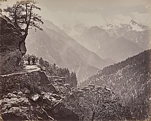The Upper Himmalayahs. View on the New Road between India and China. Mt. Pangi with the Snowy Peaks of China in the Distance by Samuel Bourne (British, 1834–1912)