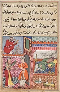 The vizier’s son receives the magic wooden parrot from the wife of the merchant, who is drunk, and has a replica made by a carpenter, from a Tuti-nama (Tales of a Parrot): Tenth Night by Lalu (Indian, active mid-1500s)