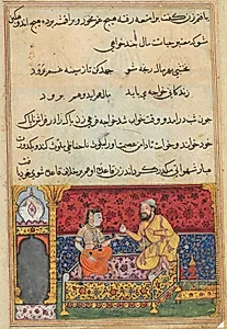 The young man changes himself to look like Mansur, and thus inveigles himself into the bed of Mansur’s wife, but is put off by her, from a Tuti-nama (Tales of a Parrot): Seventeenth Night by Unknown Artist