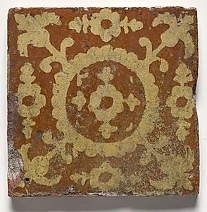 Tile- Brown with Yellow Central Motif by Unknown Artist