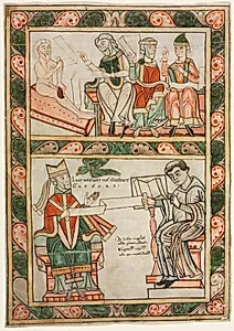 Title Page of St. Gregory's "Moralia": Job Visited by His Three Friends (above) and Gregory the Great and His Deacon Peter (below) by Abbot Frowin (Swiss)