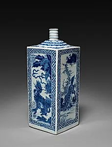 Transitional Blue-and-White Square Bottle by Unknown Artist