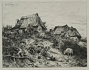 Two Cottages on a Bank by Charles-Émile Jacque (French, 1813–1894)