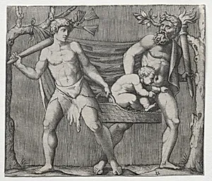 Two Fauns Carrying a Child in a Basket by Marcantonio Raimondi (Italian, 1470/82–1527/34)