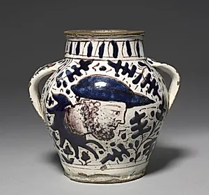 Two-Handled "Oak Leaf" Drug Jar with Male and Female Portraits 