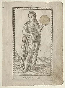 Urania (astronomy) (from the Tarocchi series D:  Apollo and the Muses, #12) by Master of the E-Series Tarocchi (Italian, 15th century)