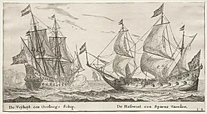 Various Ships and Views of Amsterdam (Verscheÿde Schepen en Gesichten van Amstelredam), Part II:  The Freedom, a Man-of-War.  The Wolf Hound, a Spanish Vessel by Clement de Jonghe (Dutch, 1579–1679)