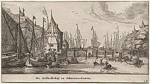 Various Ships and Views of Amsterdam (Verscheÿde Schepen en Gesichten van Amstelredam), Part II: The Geldersche Quai and Schreiers Tower by Clement de Jonghe (Dutch, 1579–1679)