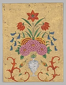 Vase with flower arrangement and scrollwork by Unknown Artist