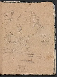 Verona Sketchbook: Architectural motifs with female head (page 45) by Francesco Lorenzi (Italian, 1723–1787)