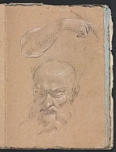 Verona Sketchbook: Head of a bearded man and right arm and hand (page 59) by Francesco Lorenzi (Italian, 1723–1787)
