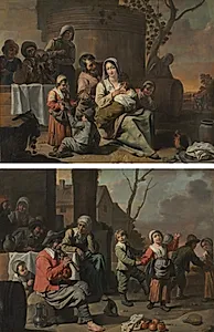 Vintage Scene and Peasant Children Dancing (painting pair) by Le Nain (French)