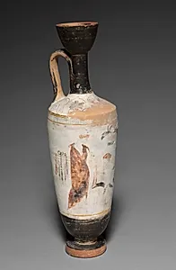 White-Ground Lekythos (Oil Vessel): Mourners at Tomb by Unknown Artist