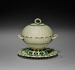 Wicker-Work Covered Sauce Tureen on Stand by Wedgwood Factory (British)