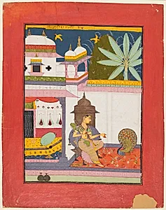 Woman Addressing a Peacock: Gujari Ragini of Megh, from a Ragamala by Unknown Artist