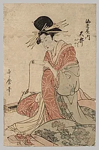 Woman of the Yoshiwara Reading Scroll by Kitagawa Utamaro (Japanese, c. 1754–1806)