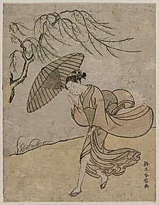 Woman Running Past a Willow Tree in a Breeze