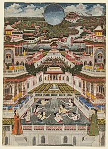 Women bathing before an architectural panorama by Fayzullah (Indian, active c. 1730–1765)