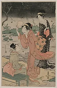 Women Beside a Stream Chasing Fireflies by Chōbunsai Eishi (Japanese, 1756–1829)