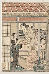 Women Hanging Laundry to Dry on a Balcony by Kitagawa Utamaro (Japanese, c. 1754–1806)