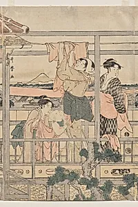 Women Hanging Laundry to Dry on a Balcony by Kitagawa Utamaro (Japanese, c. 1754–1806)