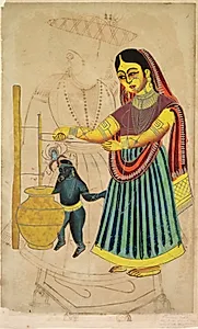 Yasoda Churning Butter (verso), from a Kalighat album by Unknown Artist