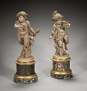 Young Satyress Running with an Owl's Nest and Young Satyr Running with an Owl (pair of statuettes)