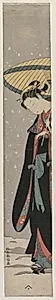 Young Woman Walking in Snow with Umbrella by Suzuki Harunobu (Japanese, 1724–1770)
