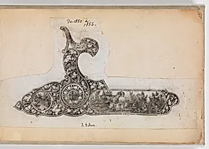 Album of Firearms Ornament Containing Approximately Five Hundred and Forty Inked Impressions of Engraved Firearms Locks and Mounts, and Forty-Two Original Pen and Ink Designs on Forty Double-Sided Leaves