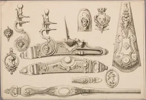 Design of a Flintlock, Side Plate, Butt Plate, and Trigger Guard, unnumbered plate from Nouveaux Desseins d'Arquebuserie Inventez et Gravez par Le Sr. Gillot