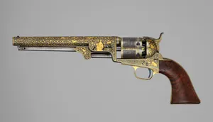 Gold-inlaid Colt Model 1851 Navy Revolver (serial no. 20133), with Case and Accessories